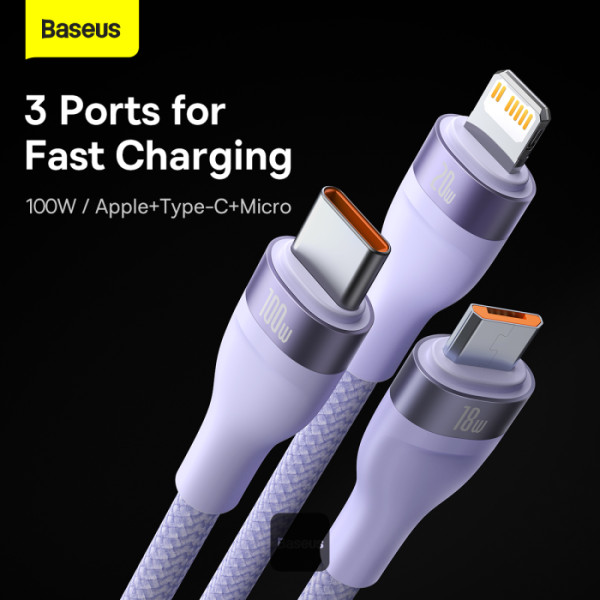Baseus Flash Series Ii 100W Fast Charging Multi Cable 3 In 2 Cable Purple