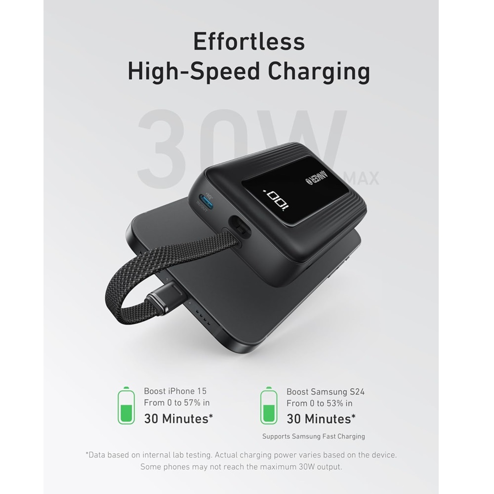 Anker Zolo Power Bank (20K, 30W, Built-In USB-C Cable) – Black