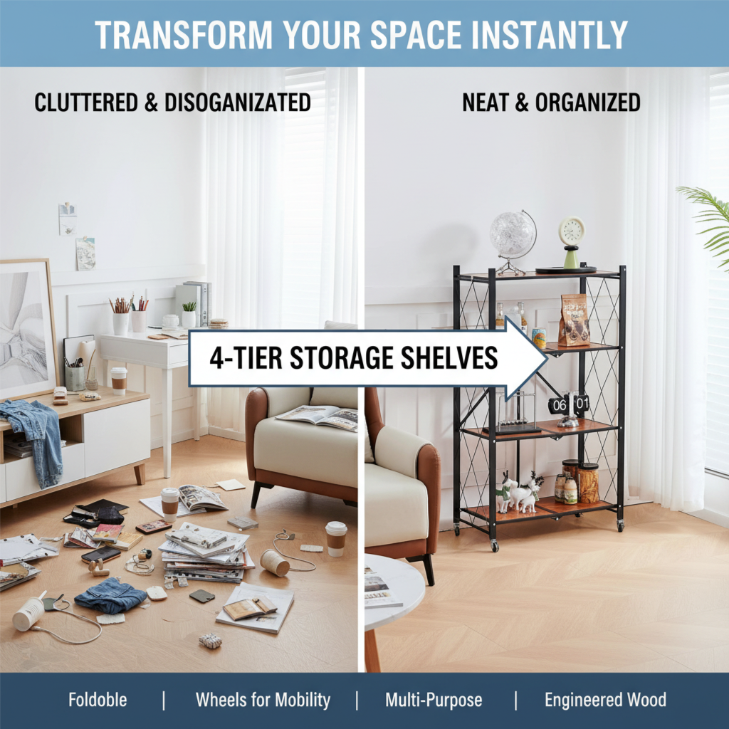 4-Tier Foldable Storage Shelves, Wide Folding Wooden Shelf With Caster ...