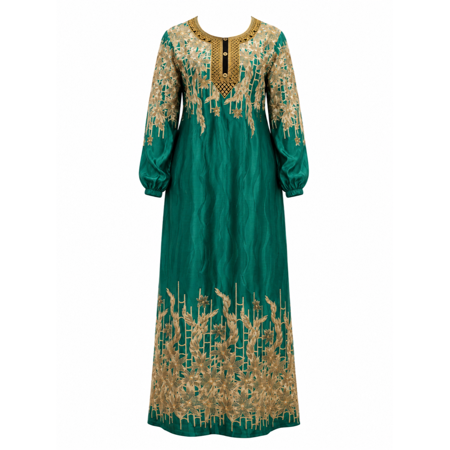 Women's Emerald Green Embroidered Maxi Dress with Matching Hijab FZ-201