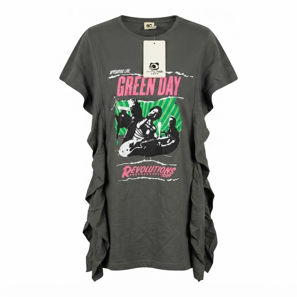 green day t shirt dress Size 9-10Y (140cm) Women's Charcoal Graphic Print Ruffle T-Shirt (TB33-B03) feature_Red Carpet