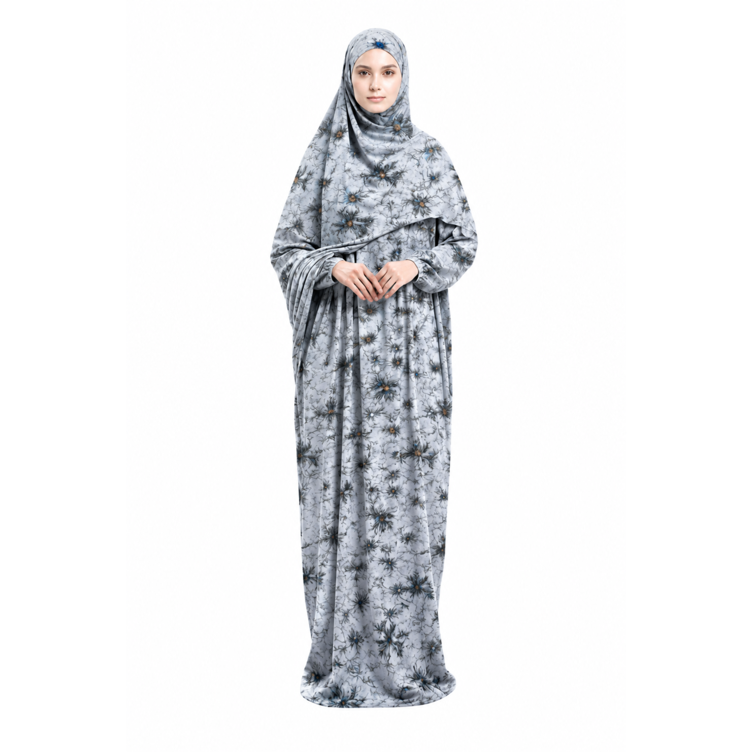 grey dress matching hijab Prayer Floral With FZ-217 grey dress hijab combination