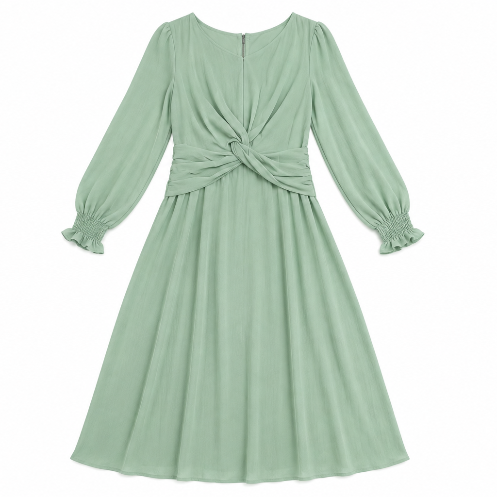 mint green midi dress with sleeves Size Small Women's Long Sleeve Twist-Waist A-Line week0725_20250209
